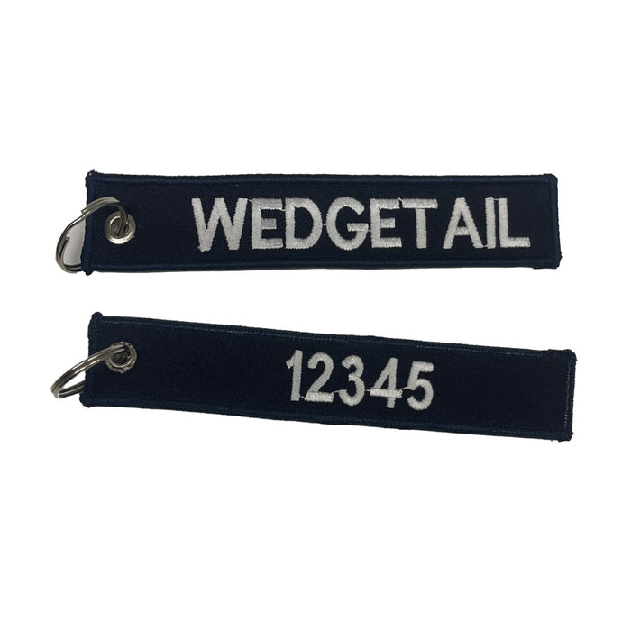 Custom Embroidered Personalised Key Tag White on Blue