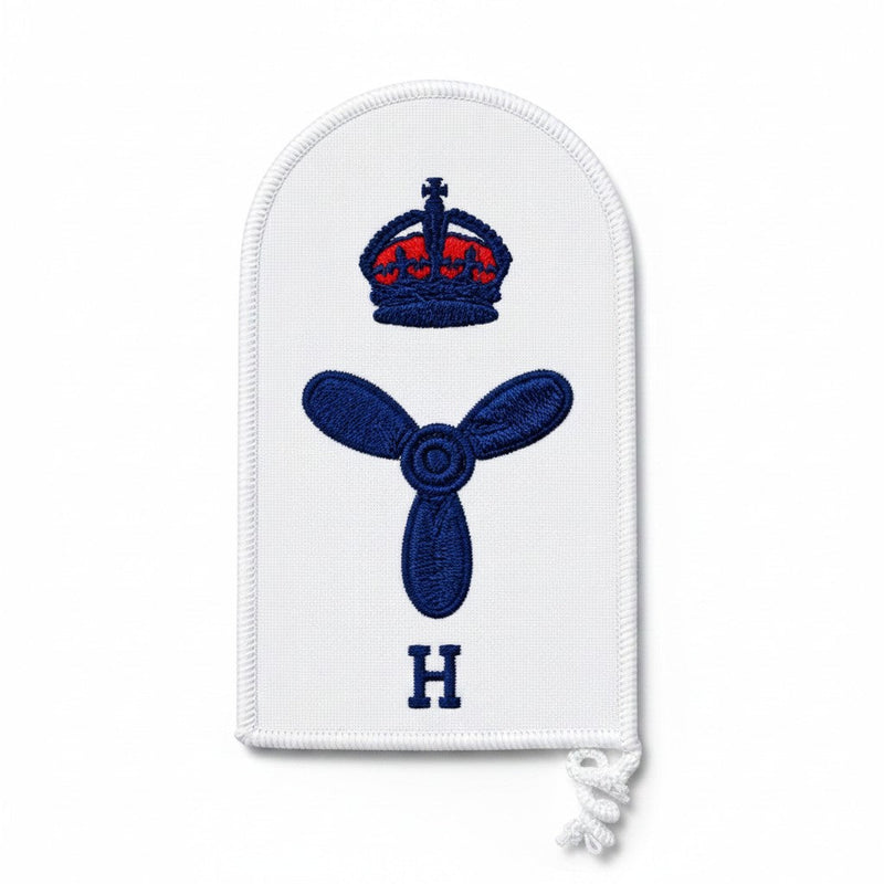 Load image into Gallery viewer, Cadetshop Marine Technical Hull category badge with embroidered crown, propeller, and H letter on white fabric
