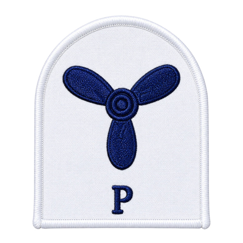 Load image into Gallery viewer, White embroidered patch featuring a navy blue three-bladed propeller emblem with the letter ’p’ below it
