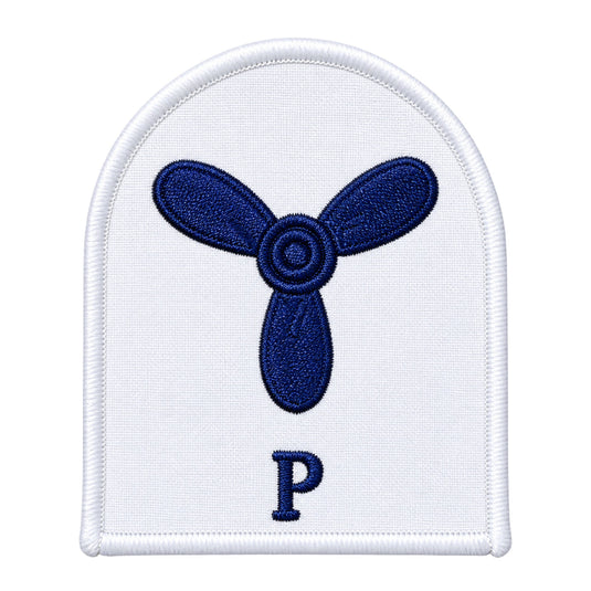 White embroidered patch featuring a navy blue three-bladed propeller emblem with the letter ’p’ below it