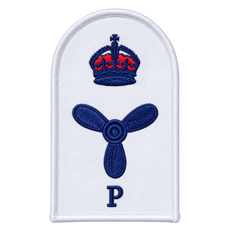 Load image into Gallery viewer, White embroidered naval rank insignia patch featuring a blue crown with red detailing above a blue propeller, and the letter ’p’ below

