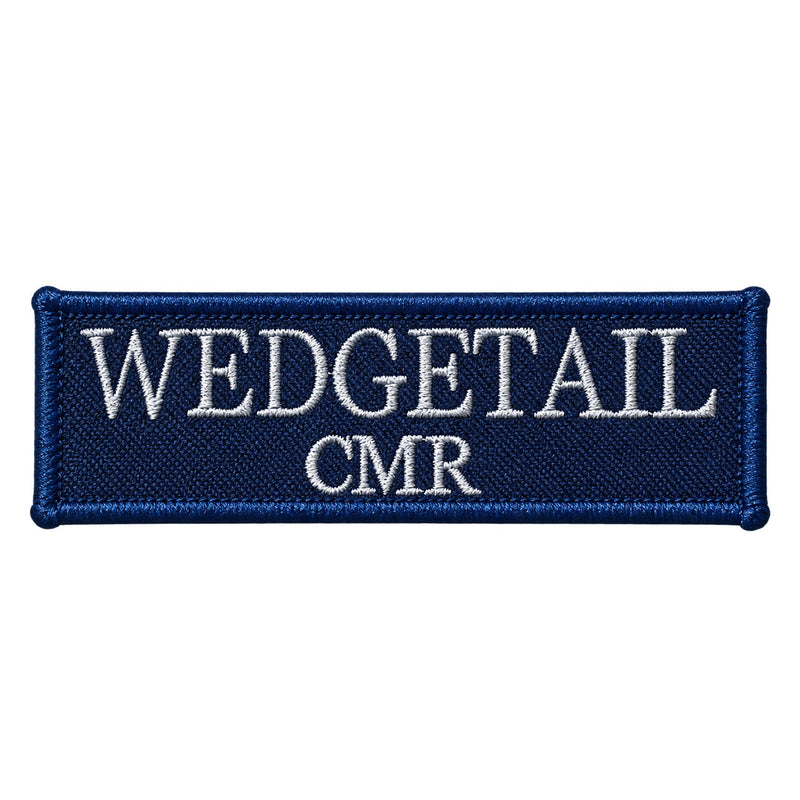 Load image into Gallery viewer, Navy blue embroidered patch with white thread lettering reading ’wedgetail cmr’
