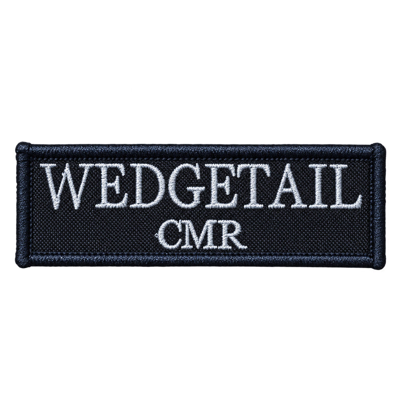 Load image into Gallery viewer, Black embroidered patch with white thread lettering reading ’wedgetail cmr’
